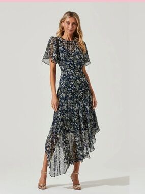 Astr Navy Floral Asymmetric Maxi Dress with Flutter Sleeves